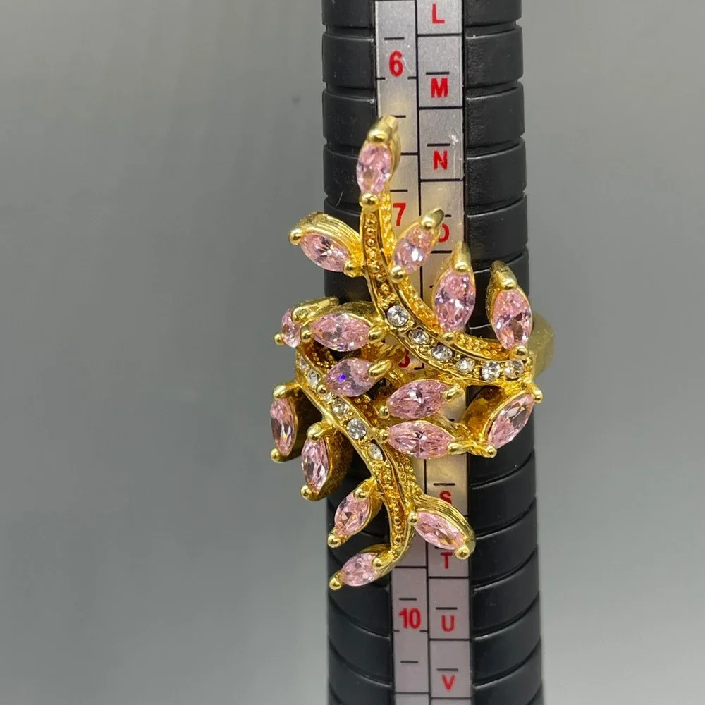 Seta Pink Marquise Crystal Floral‎ Vine Bypass Ring Gold Tone Statement Size 7.5